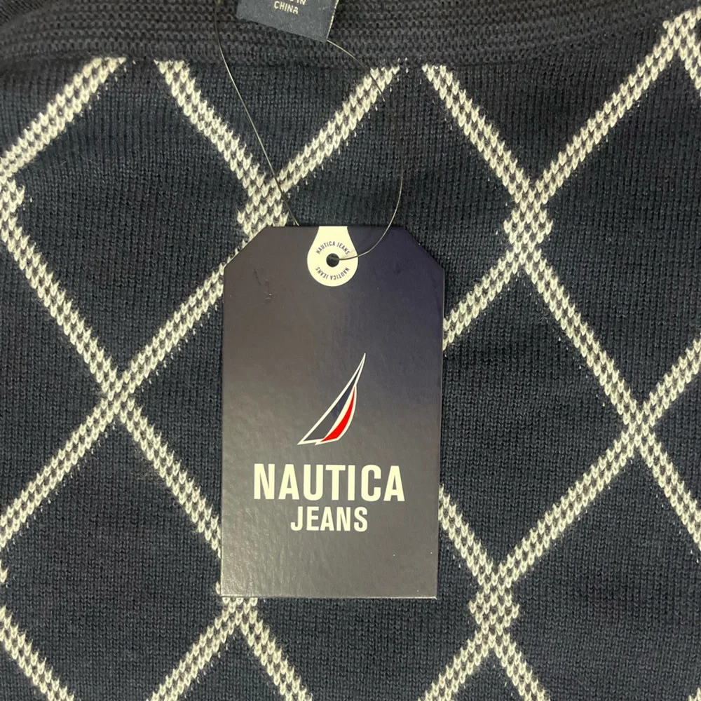 Nautica Jeans Women’s “Intarsia” Navy Blue Knit Boatneck Sweater NWT (O)